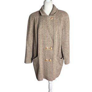 Vintage 50s Double Breasted Car Coat Size Medium Cream Brown Wool Herringbone